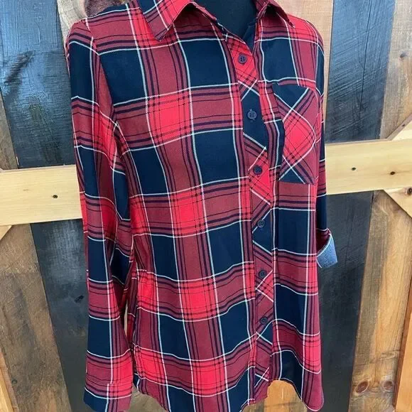 Love Notes red, white and blue plaid shirt with tab sleeves, size S - Picture 6 of 6